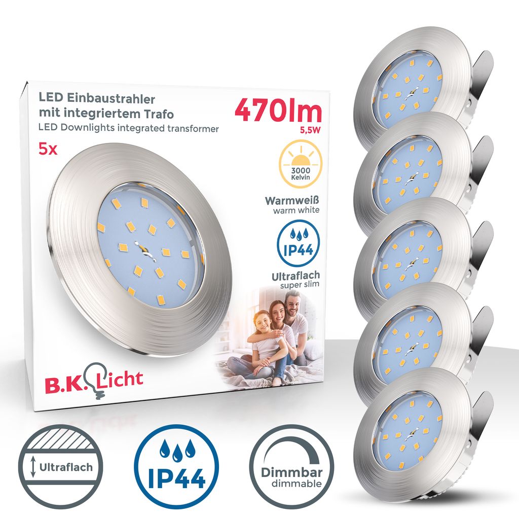 5x LED Einbaustrahler Badezimmer ultra-flach dimmbar IP44 Deckenlampe Spot 470lm Verpackung 20-04-05-S