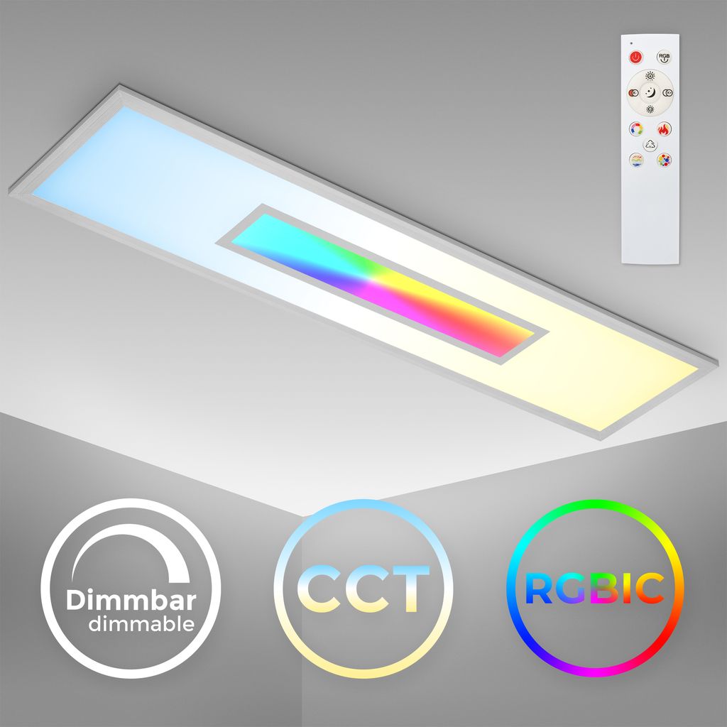  LED Panel Decke dimmbar - 100x25cm - Deckenleuchte flach 65mm 24W 2200lm RGB CCT 3000–6500K Deckenlampe mit Fernbedienung Timer Memory Büro Wohnzimmer | silber