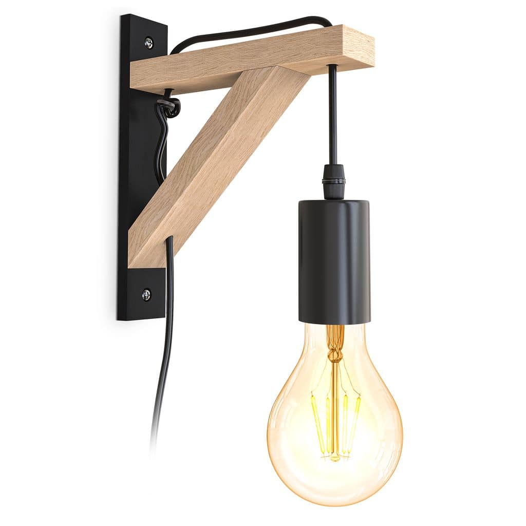 LED Wandleuchte Industriell Metall Holz Retro Vintage Schwarz E27 Kabel  Freisteller