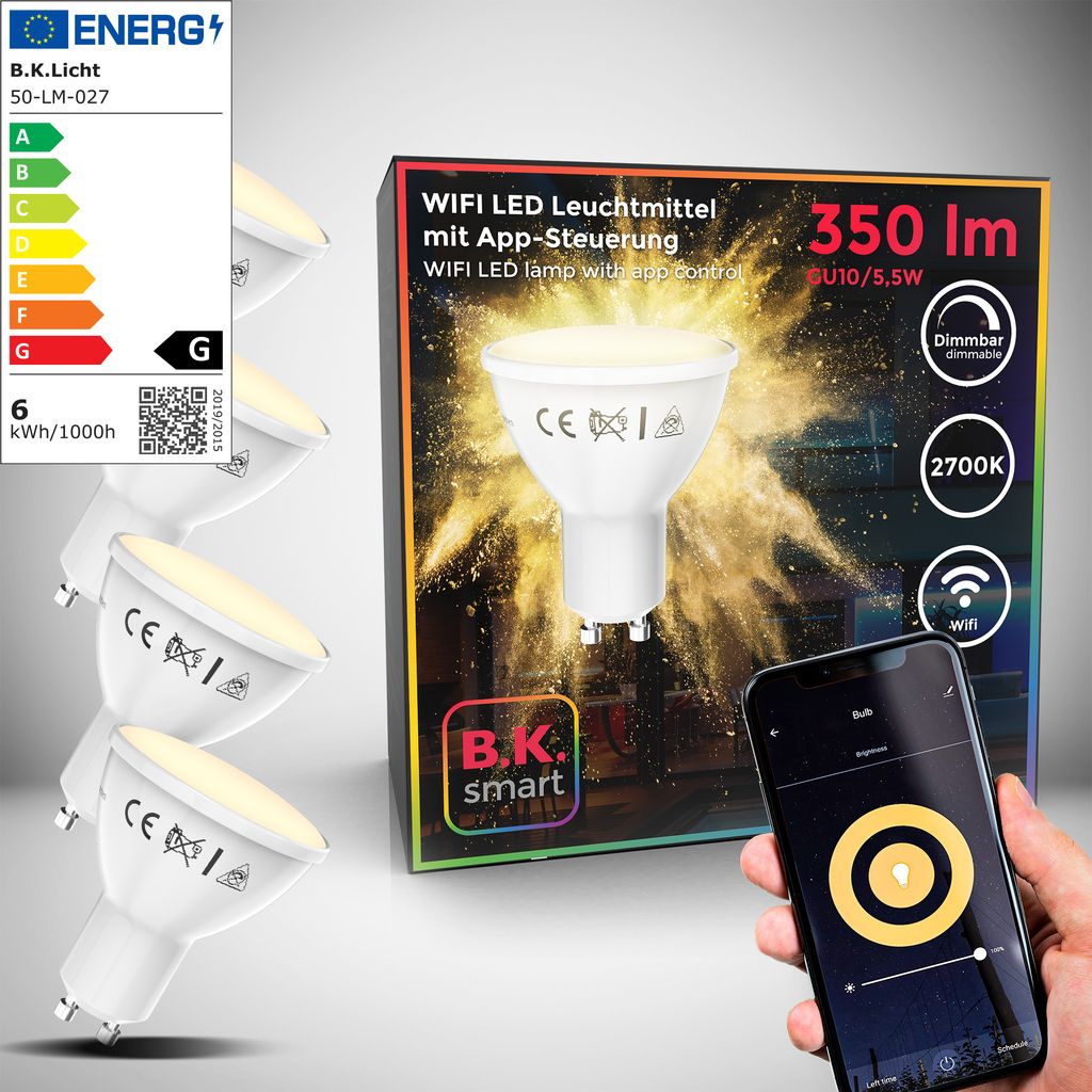 LED WiFi Leuchtmittel SmartHome  dimmbar Sternenlicht Birne GU10 Alexa Google 55W 350lm Titelbild-Verpackung-01 BKL1261