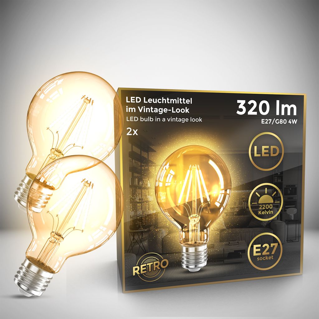 2x LED Leuchtmittel Filament Vintage Industrie  E27 Retro Gluehbirne G80 4W 320lm Titelbild-Verpackung BKL1400