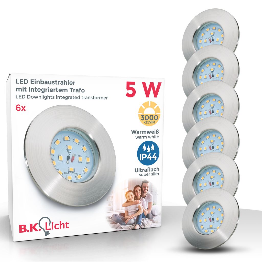 Einbauspot 6er Set 60mm Lochmaß - 230V, 4,8W, 400lm, LED, IP44, warmweiß, matt-nickel