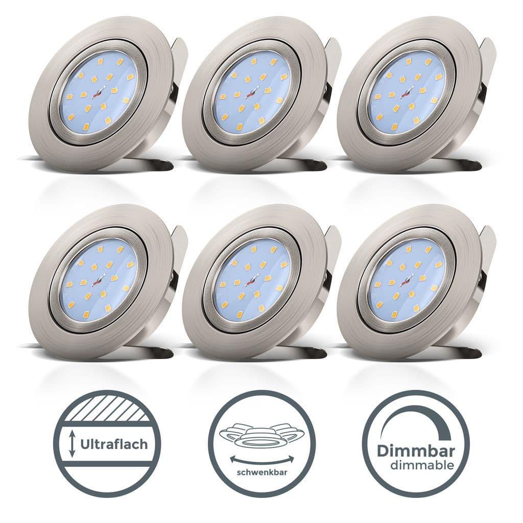 Einbauspot 6er Set 68mm Lochmaß - 230V, 5,5W, 470lm, LED, dimmbar, warmweiß, matt-nickel