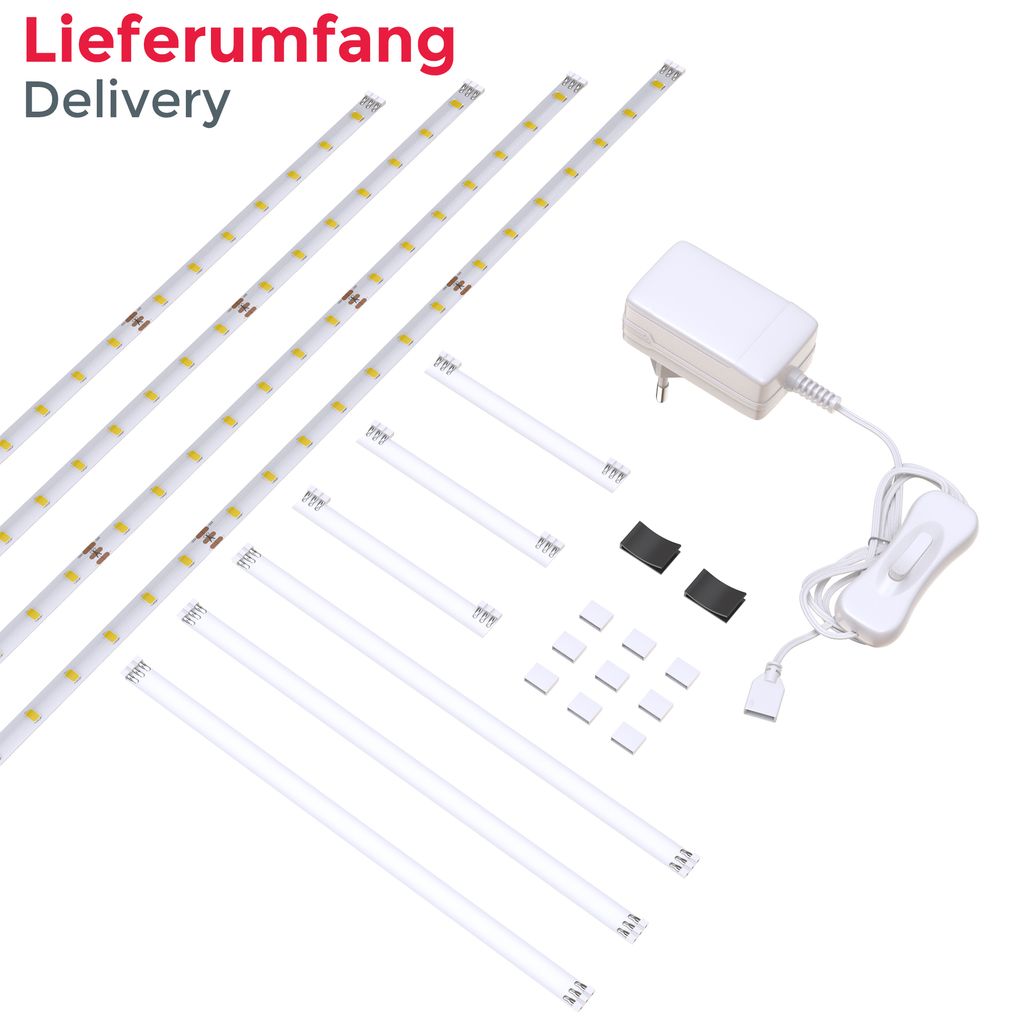 Set LED Band 2m Stripes Weiss Deko 4 Streifen TV-Sternenlicht Unterbauleuchte +Verbinder 12W Lieferumfang  BKL1179