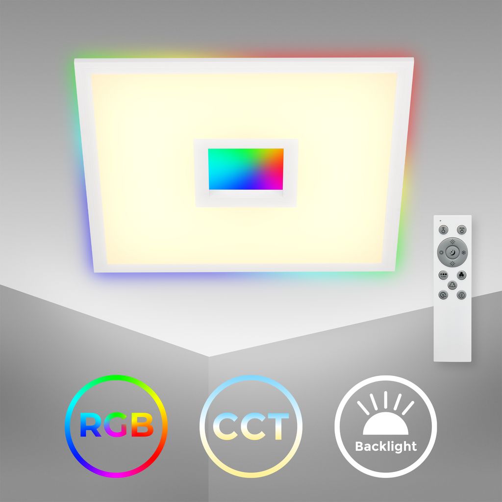 CCT LED Decken-Panel dimmbar RGB - 44,5x44,5x6,3cm - Deckenleuchte Lampe mit RGB Center- & Backlight CCT 3000-6500K 24W 2200lm Fernbedienung Büro Küche Schlafzimmer Wohnzimmer I Weiß