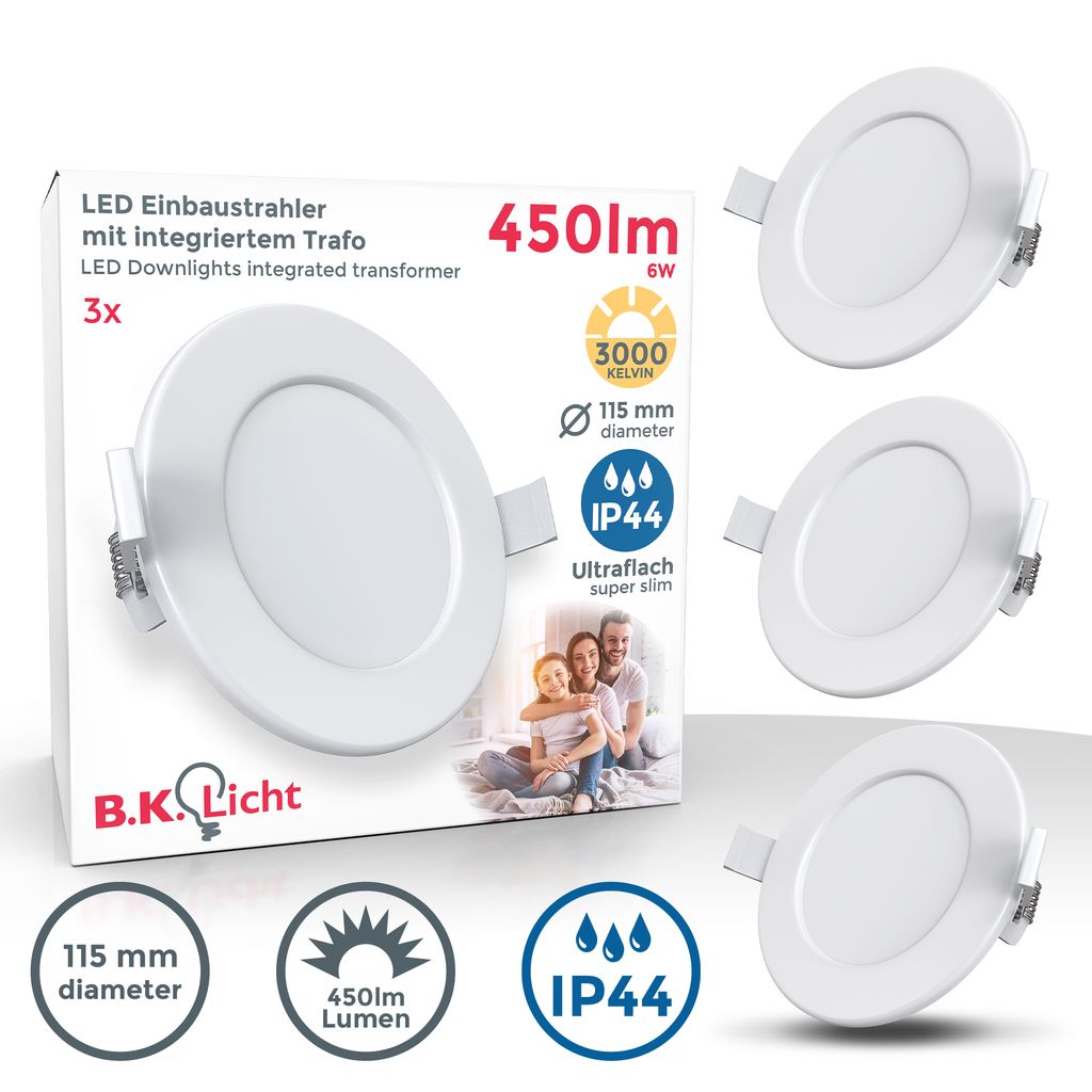 3x LED Einbauspots Bad Strahler Einbauleuchten ultraflach  Deckenspots IP44 600lm Titelbild-Verpackung BKL1272