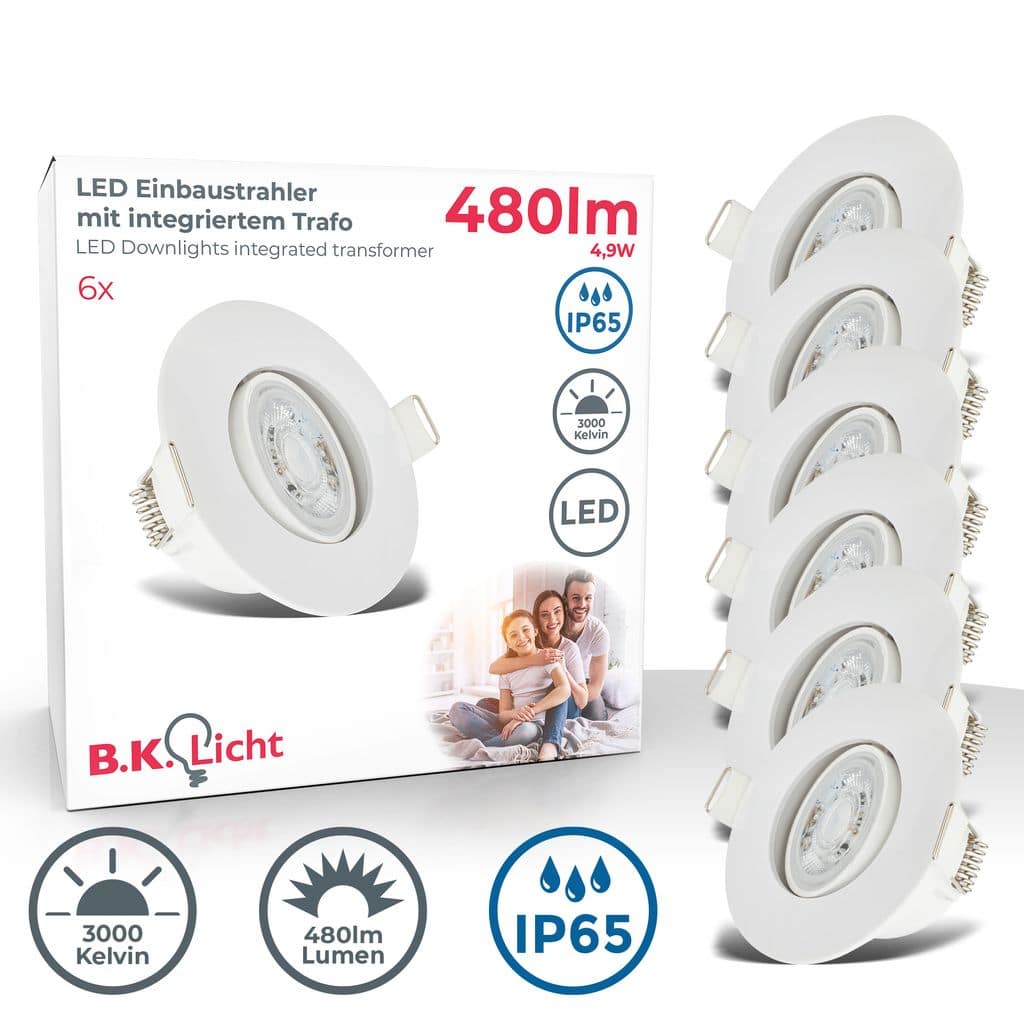 LED Bad-Einbaustrahler IP65 - 6er Set - Einbauleuchten 230V Spots schwenkbar Badezimmerlampe, 90x42mm - Weiß