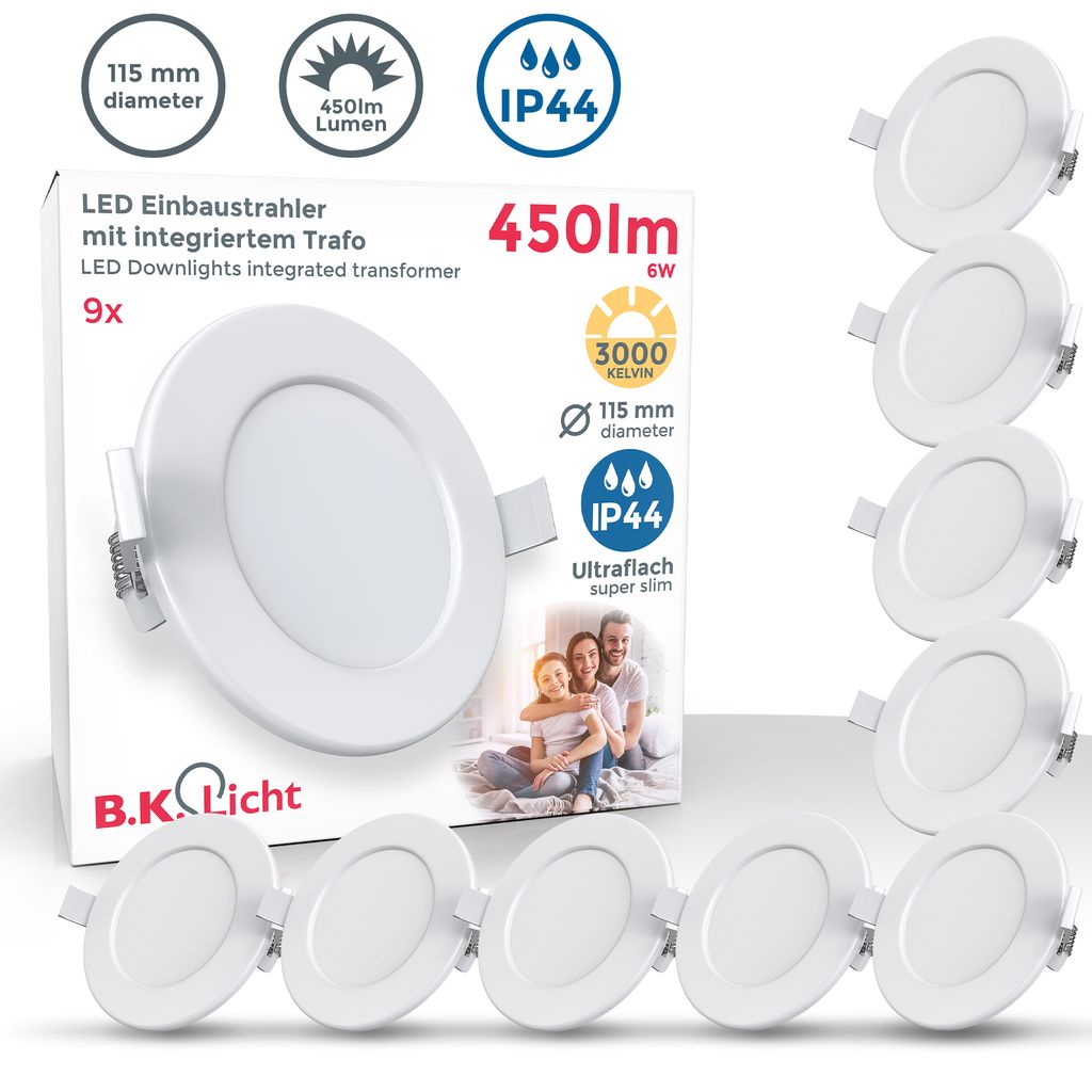 9x LED Einbauleuchten Bad Strahler Spots ultraflach  Deckenspots IP44 115mm 6W Titelbild-Verpackung BKL1274