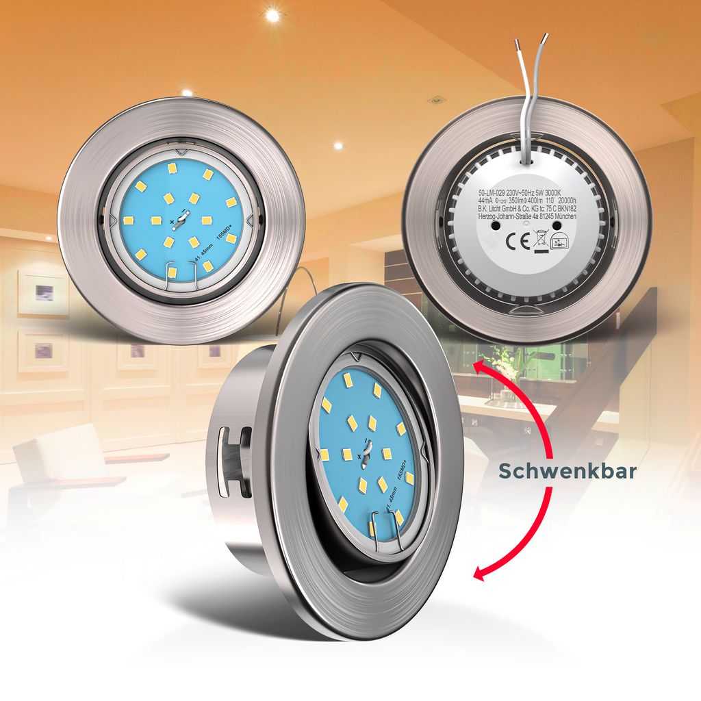 LED Einbau-Strahler Deckenlampe Spots 5er Set Einbauleuchte ultra-flach 5W Schwenkbar 400lm EU-Produktdatenblatt BKL1109