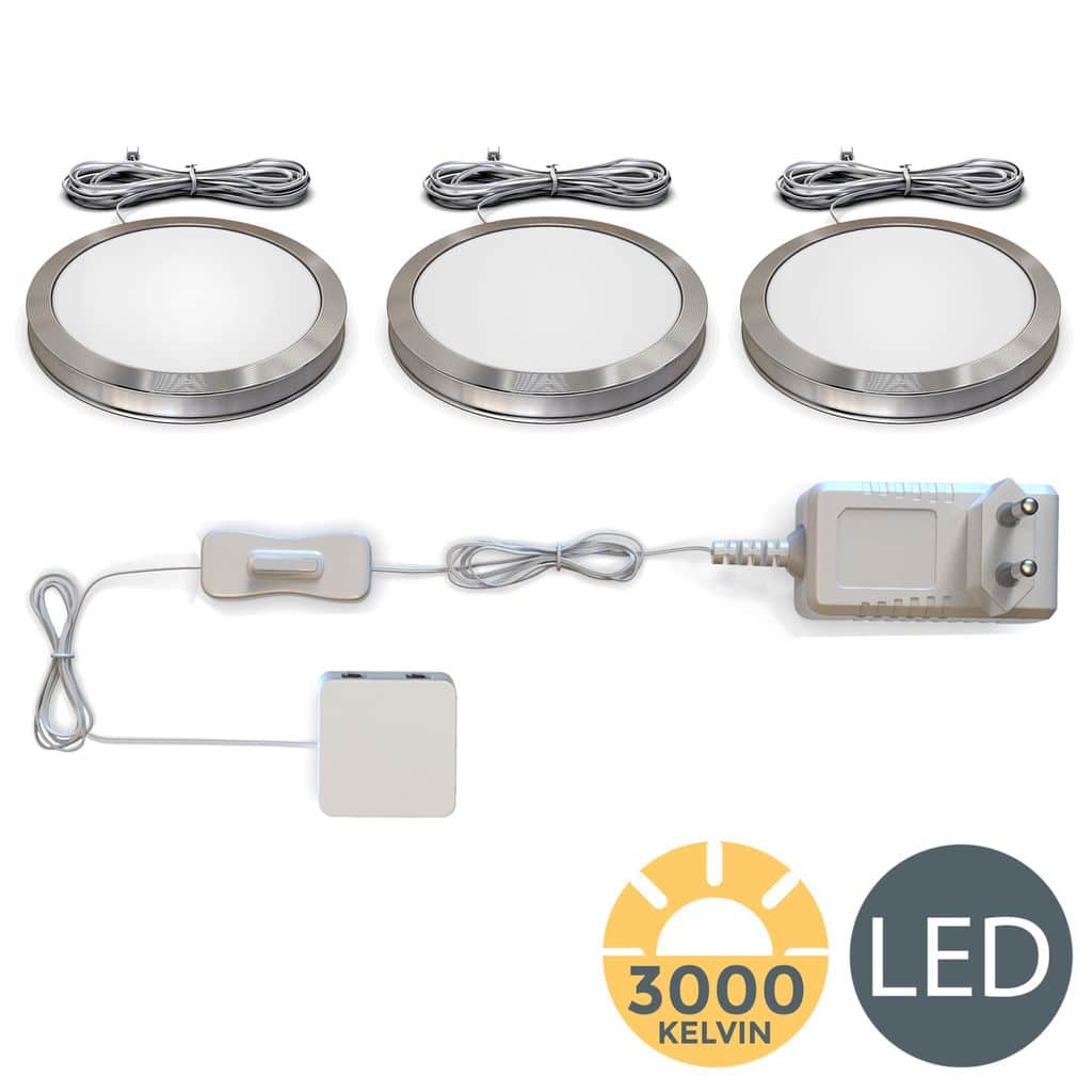 Unterbauleuchte - 1,8W, 170lm, 3er Set, LED, Schalter, Stecker, warmweiß, silber