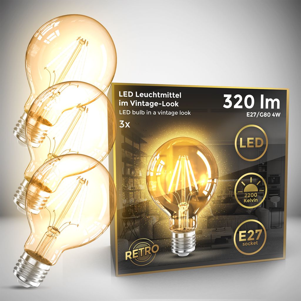 3x LED Leuchtmittel Filament Vintage Industrie  E27 Retro Gluehbirne G80 4W 360lm Titelbild-Verpackung BKL1401