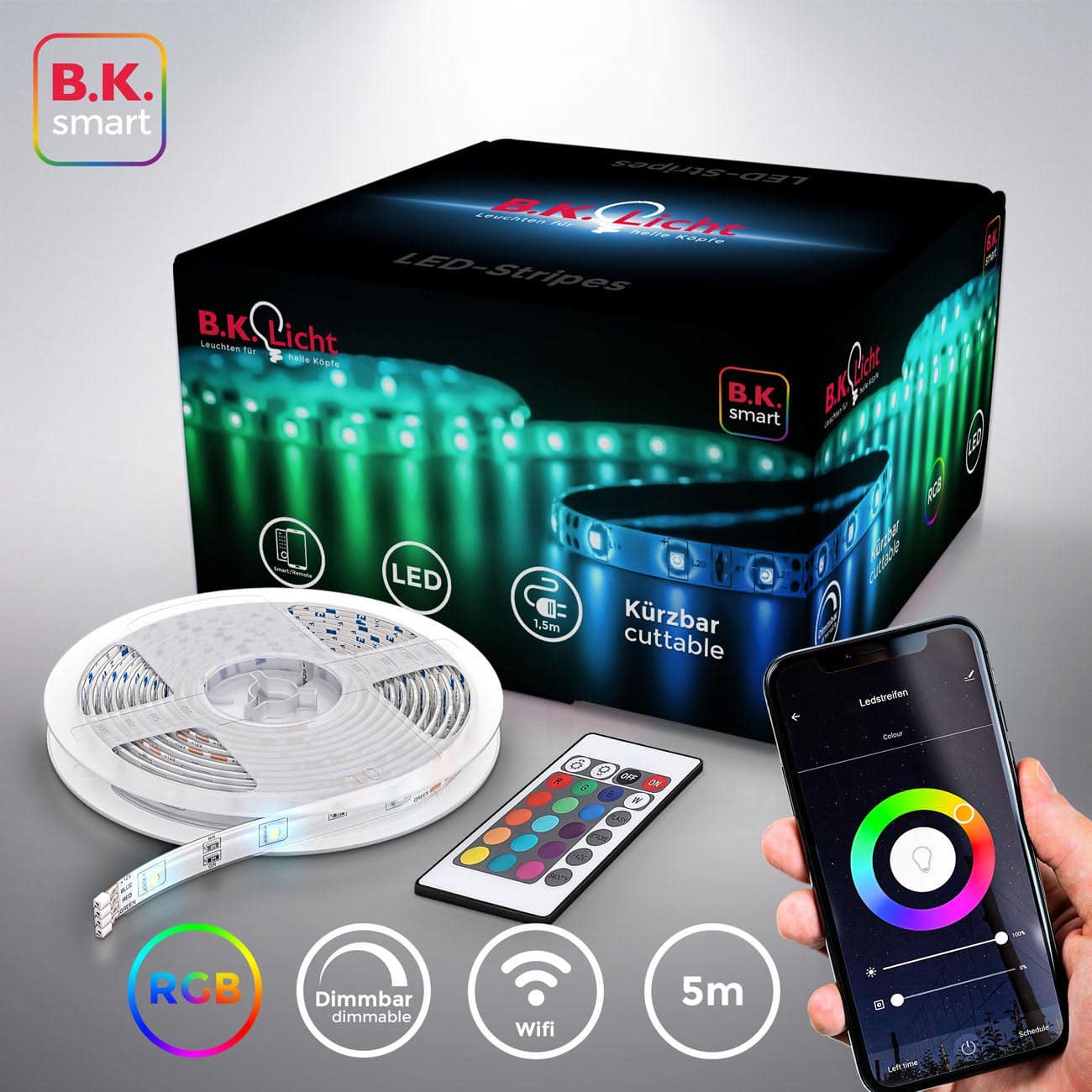 Smart Magic RGB-IC Stripe - 5 Meter - LED Licht-Band Wifi iOS Android 16W  mit Fernbedienung Bluetooth Musiksensor kürzbar selbstklebend | weiß