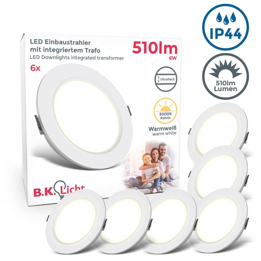 LED Einbaustrahler Bad 117mm - 6er SET - Einbauleuchten IP44 spritzwassergeschützt ultra-flach 25mm 230V 6W 510lm warmweißes Licht Badezimmer Küche | Weiß