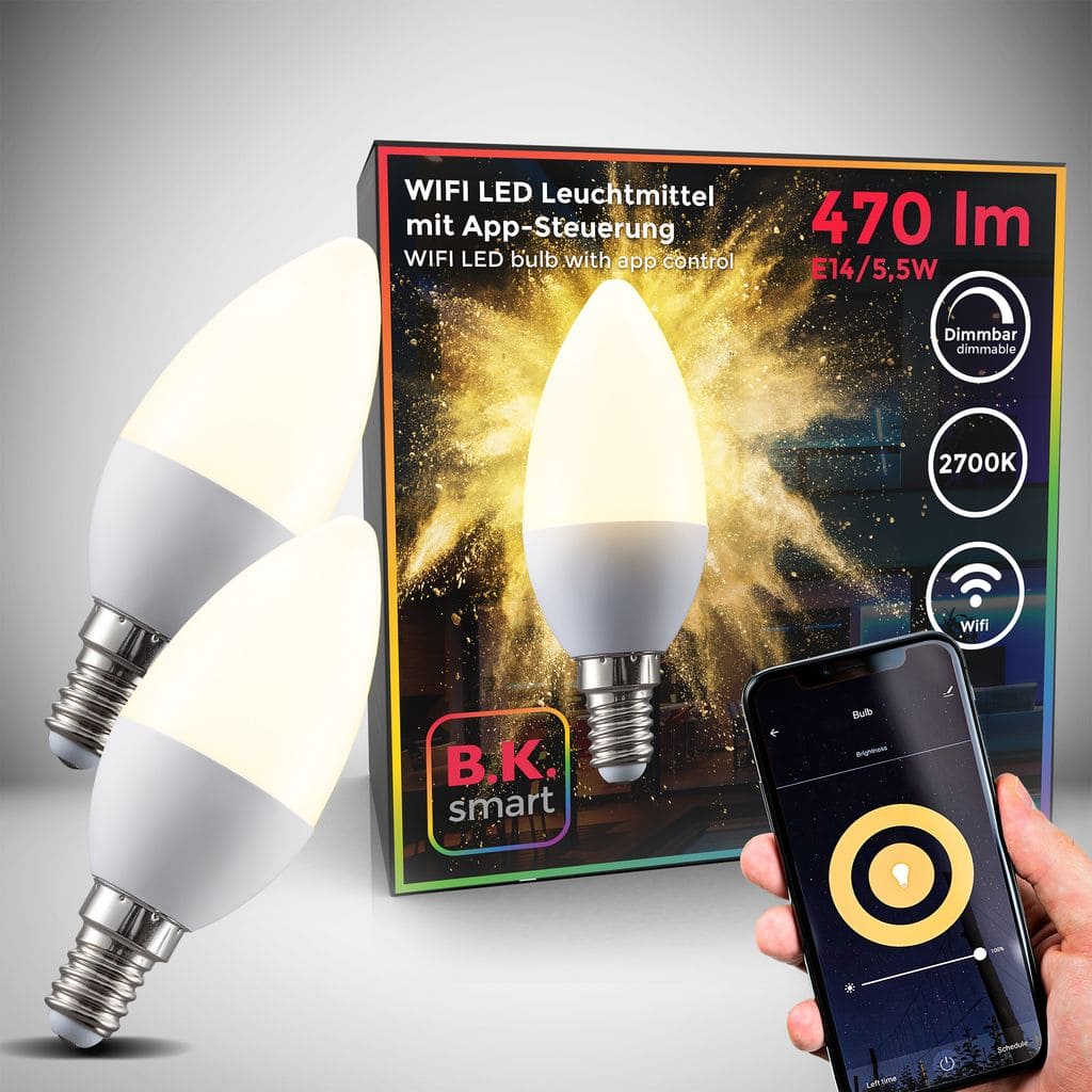 LED Smart Leuchtmittel WiFi  dimmbar Birne E14 Alexa Google 55W Smart Home 470lm Titelbild-Verpackung-01 BKL1257