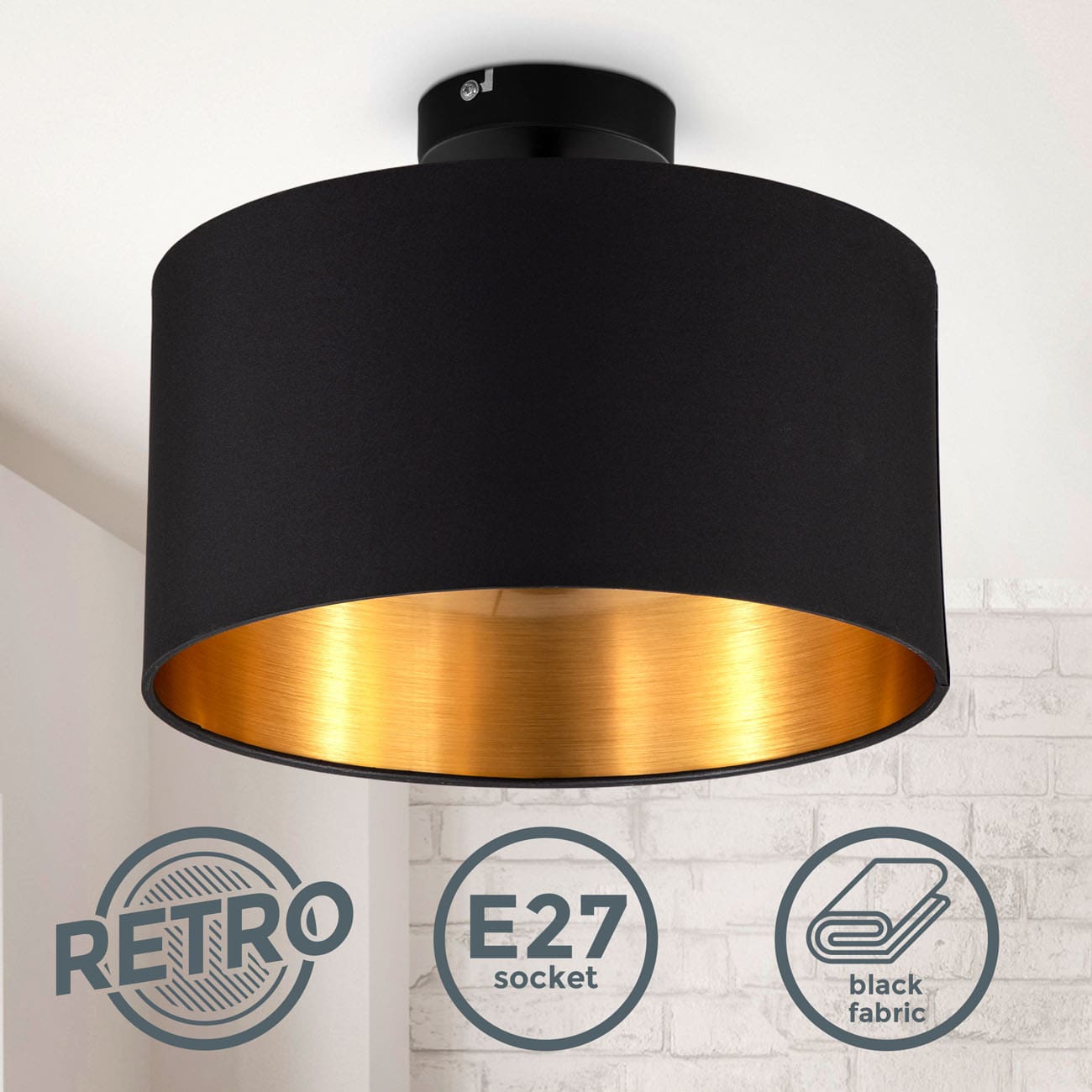 E27 Stoff-Deckenlampe schwarz B.K.Licht BKL1420