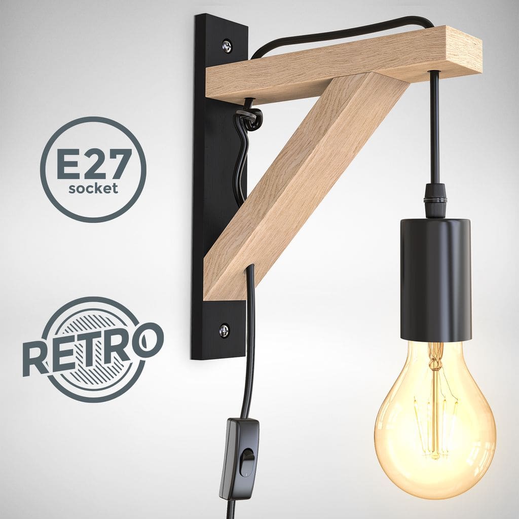 LED Wandleuchte Industriell Metall Holz Retro Vintage Schwarz E27 Kabel  Titelbild-02 BKL1352