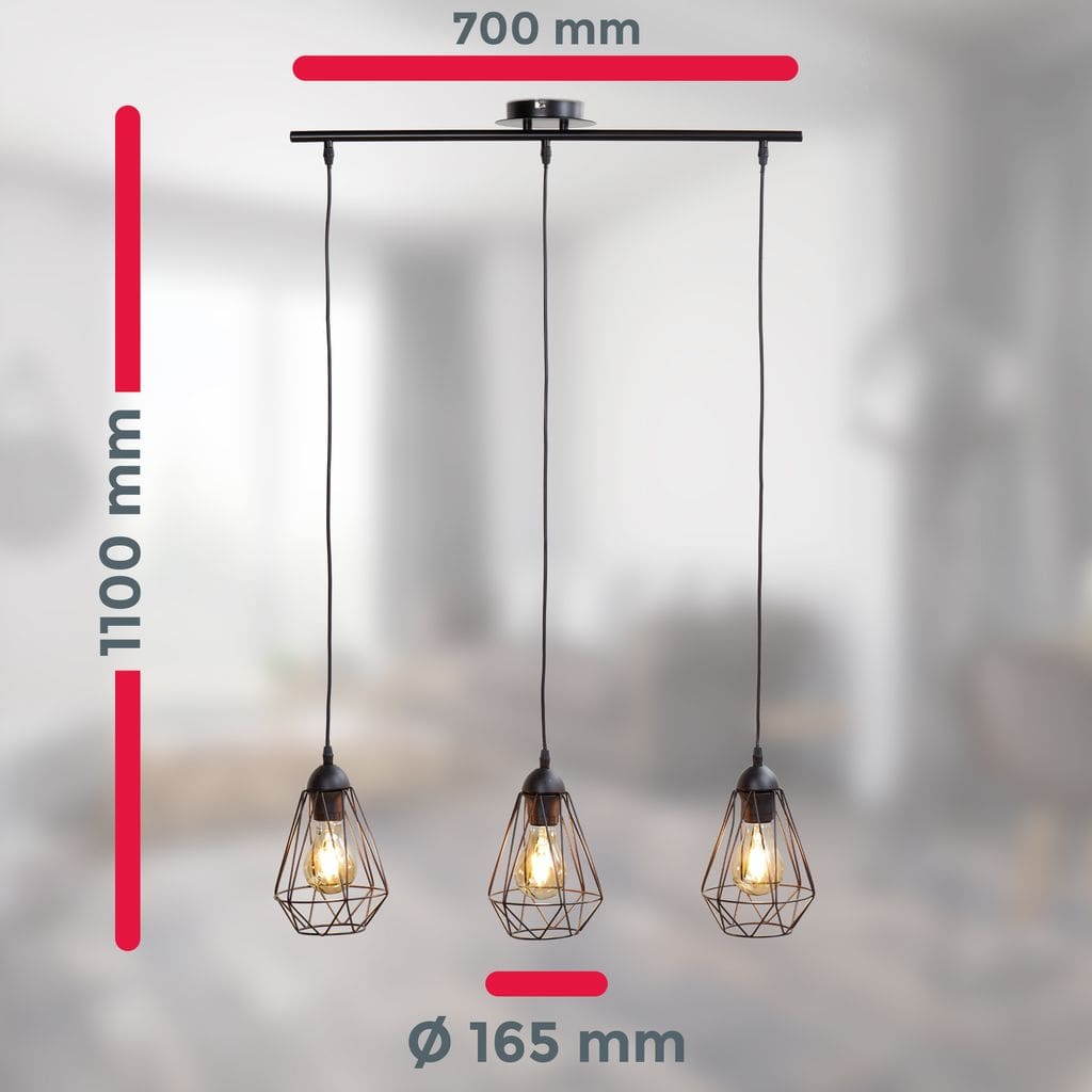 Pendelleuchte Schwarz Metall Draht Vintage Haengeleuchte Retroleuchte E27 3-flammig  Maße BKL1236
