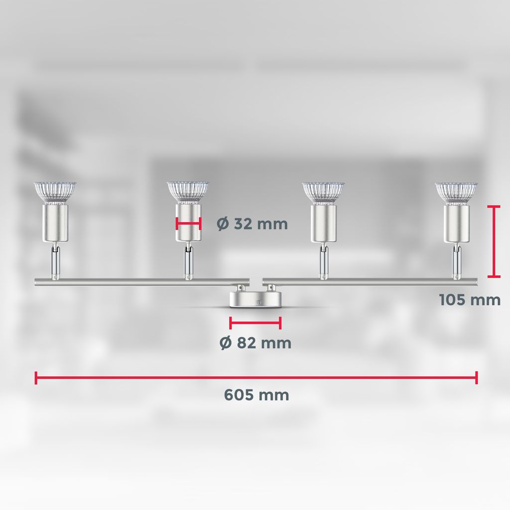 LED Deckenspot Wohnzimmer GU10 Metall  Deckenlampe schwenkbar 4-flammig 400lm Maße BKL1407