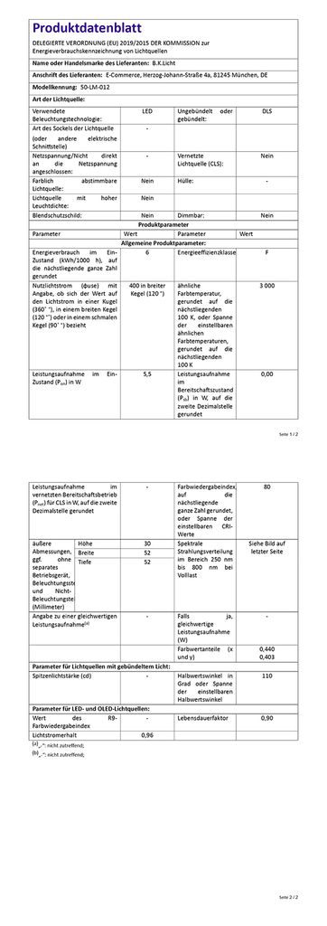 Einbaustrahler LED 5er SET Deckenspot ultra-flach Einbauleuchte Strahler dimmbar 470lm EU-Produktdatenblatt BKL1074