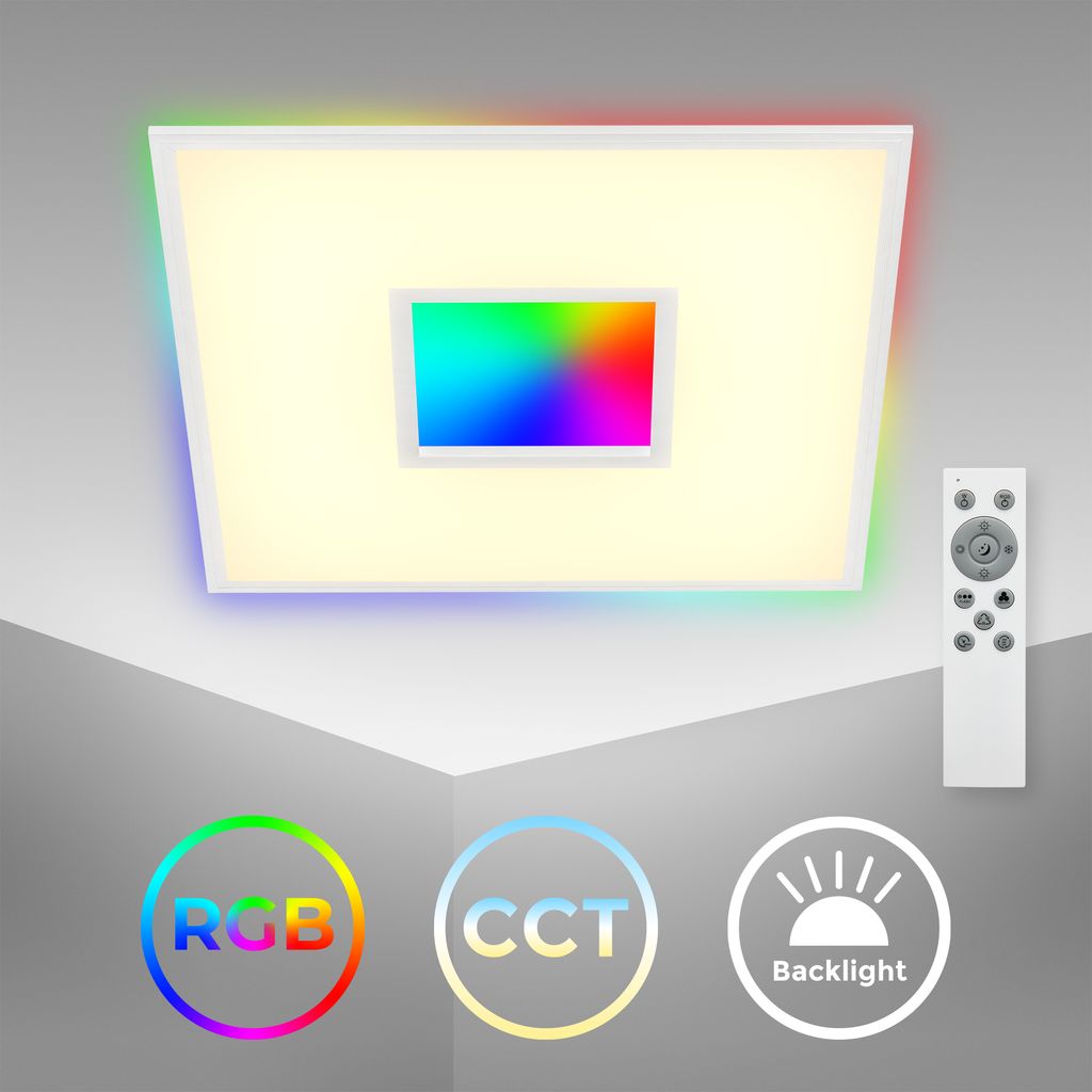 CCT LED Deckenlampe mit RGB Centerlight, 59,5x59,5x6,3 cm, RGB Backlighteffekt, 3000-6500K, Deckenleuchte 36W, 3800lm, Dimmbares LED Panel, Fernbedienung, Küchenlampe, Schlafzimmer, Wohnzimmer I Weiß