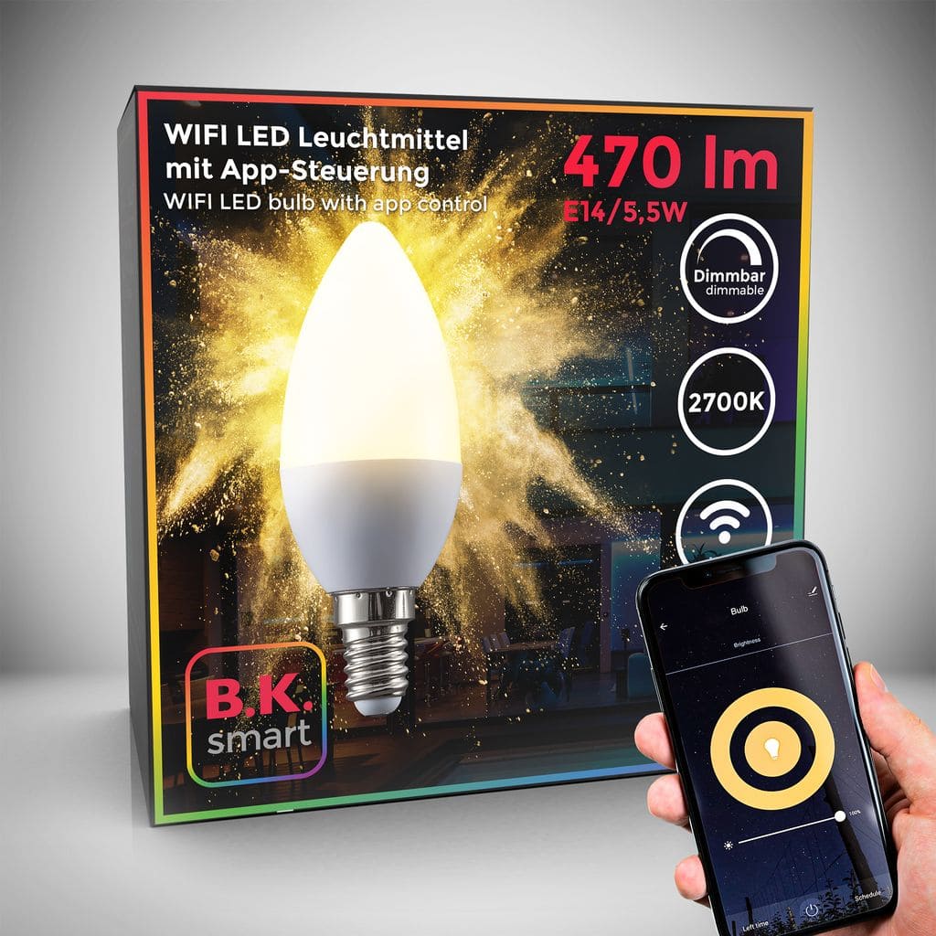 LED Smart Leuchtmittel WiFi  dimmbar Birne E14 Alexa Google 55W Smart Home 470lm Titelbild-Verpackung BKL1256