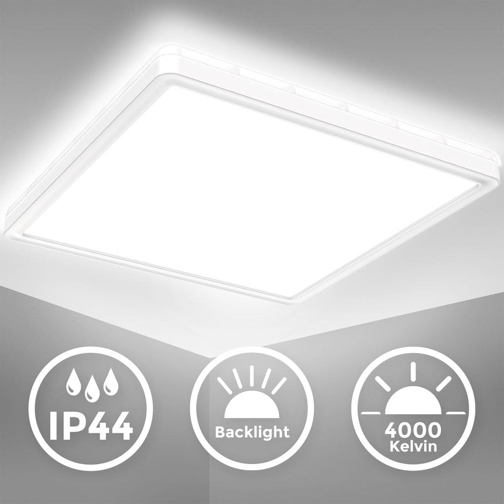 LED Bad-Deckenleuchte IP44 eckig 29x29cm - 1-flammig - Deckenlampe ultra-flach 35mm mit Backlight Badezimmer 18W 2400lm 4000K neutralweißes Licht Küche | weiß