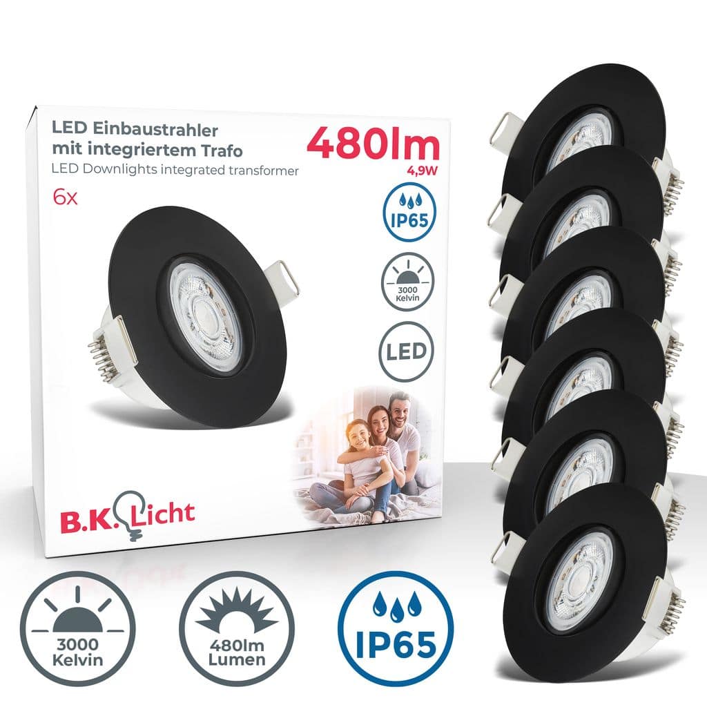 LED Einbaustrahler wasserfest Ø90mm - 6er SET - LED Einbauleuchten schwenkbar Badezimmer IP65 230V 5W 480lm warmweiße Lichtfarbe | Schwarz