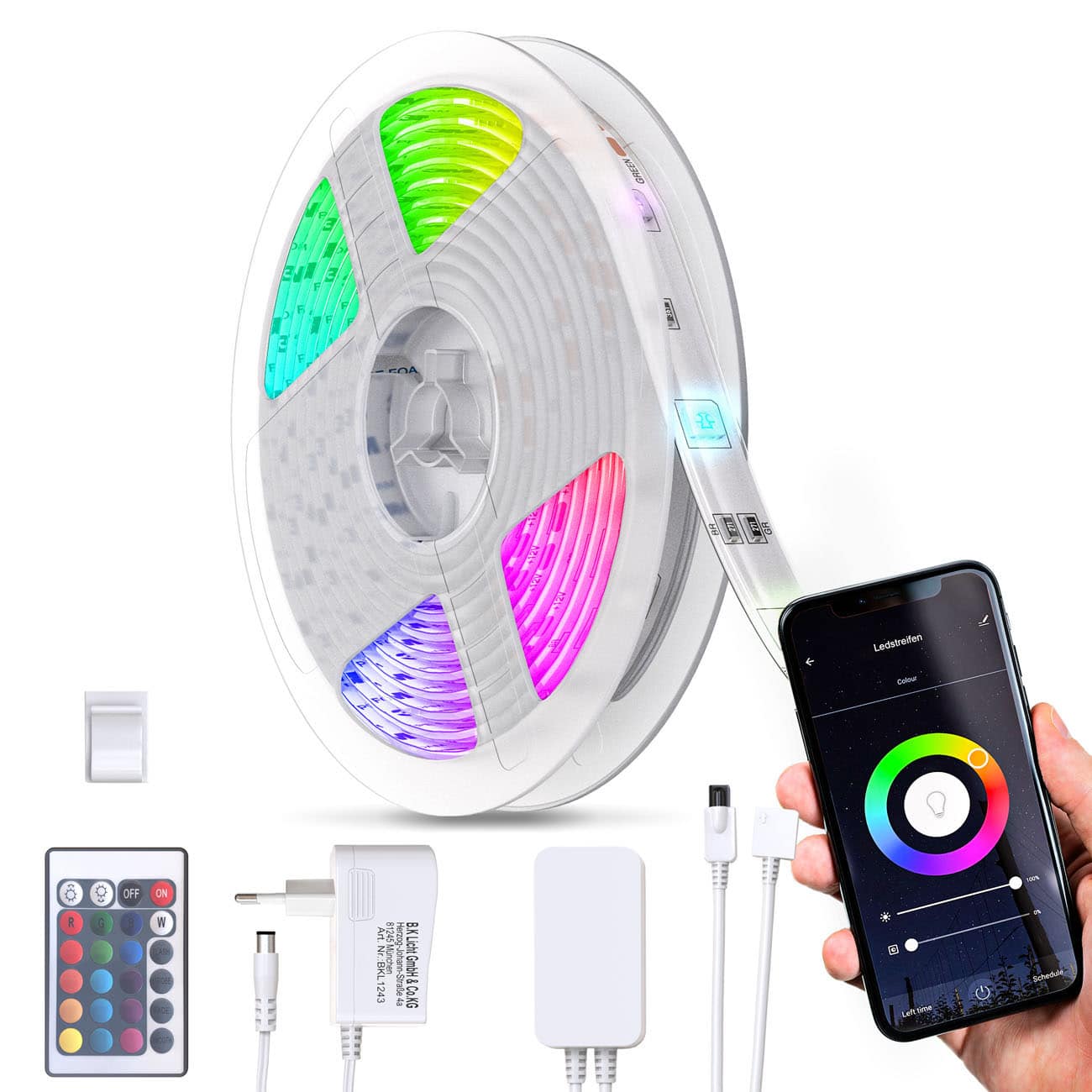 Smart RGB Stripe 230V - 5 Meter - LED Licht-Band Wifi IOS Android 150 LEDs  15W Lichtleiste mit Fernbedienung Timer selbstklebend | weiß