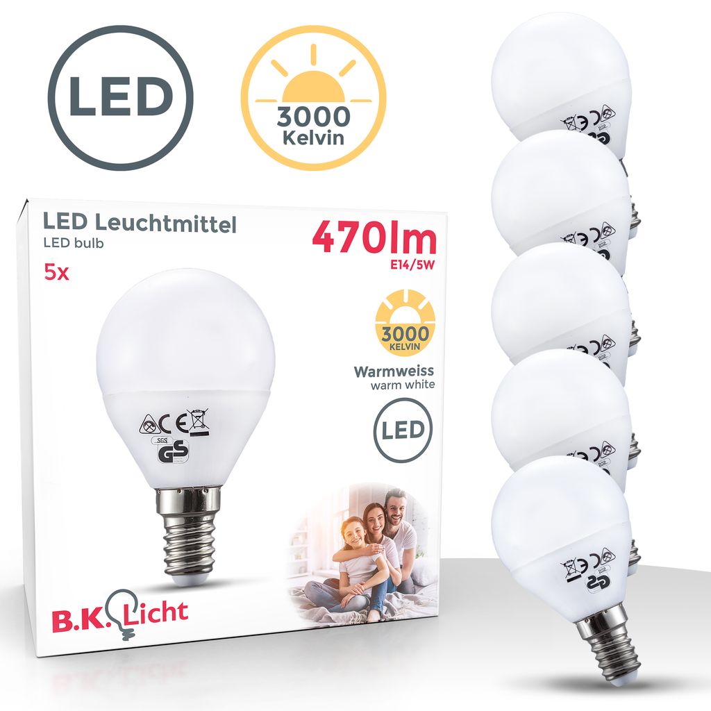 5er SET LED Leuchtmittel E14 Energiespar- 5W Glueh-BirneWarmweiss 470lm Titelbild-Verpackung 50-LMF-007-05