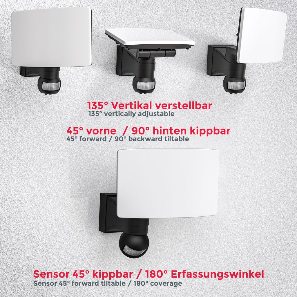 LED AussenleuchteWand-Leuchte Bewegungsmelder 20W Hausbeleuchtung Sensor IP44 Schwarz 8W Verstellbarkeit  BKL1291