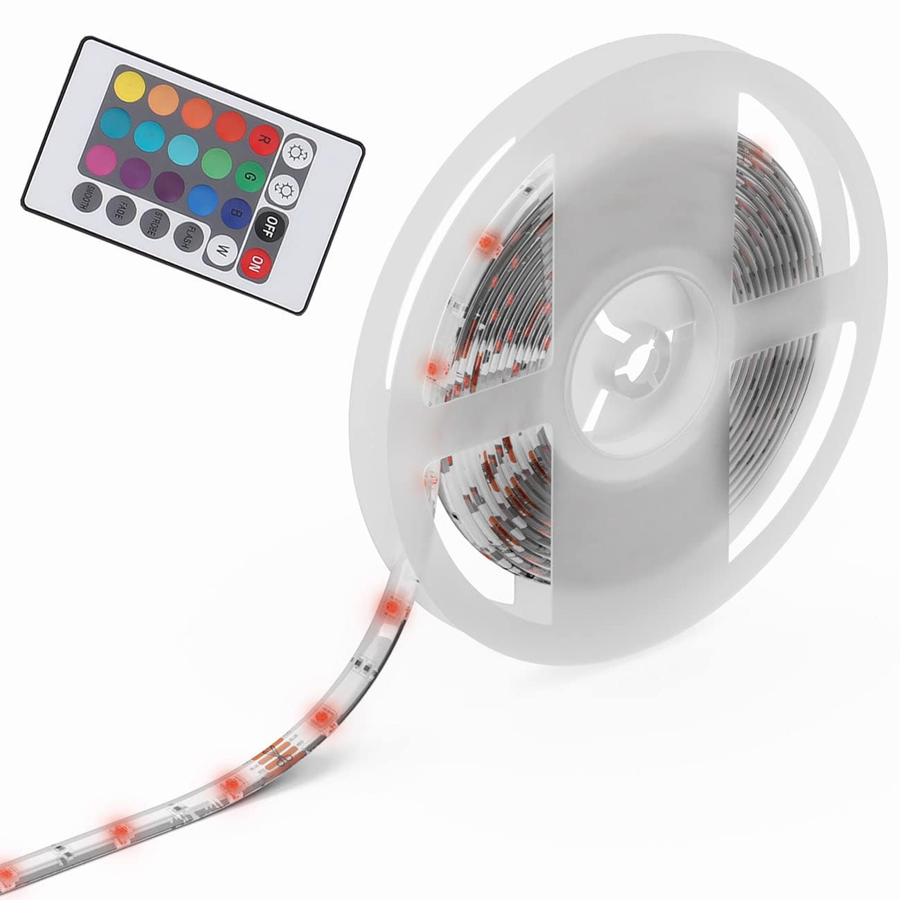 LED Licht-Band 230V - 5 Meter - RGB Stripe dimmbar 24W warmweiß inkl  Fernbedienung 150 LEDs flexibel kürzbar selbstklebend silikonbeschichtet |  weiß