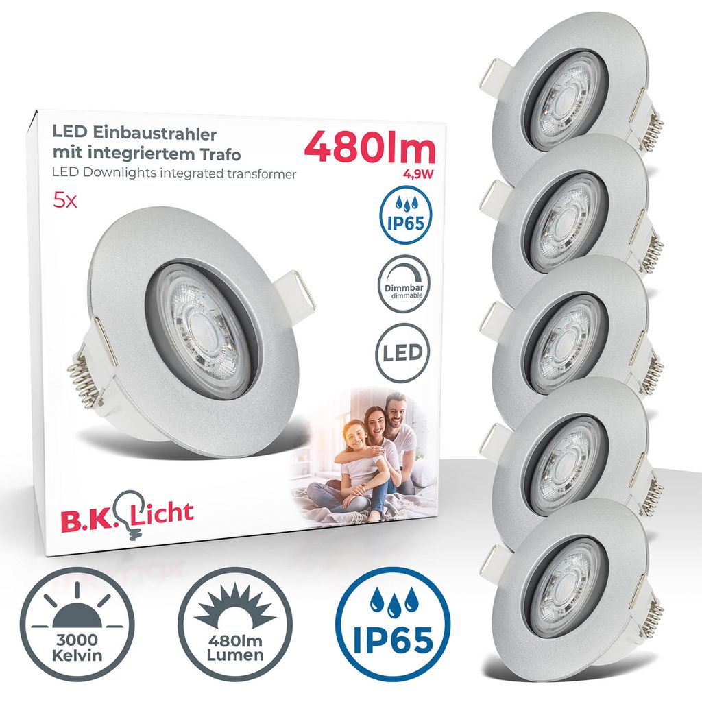 LED Einbauleuchten, 5er-Set, IP65, chrom-matt, 5xLED-Platine/5W