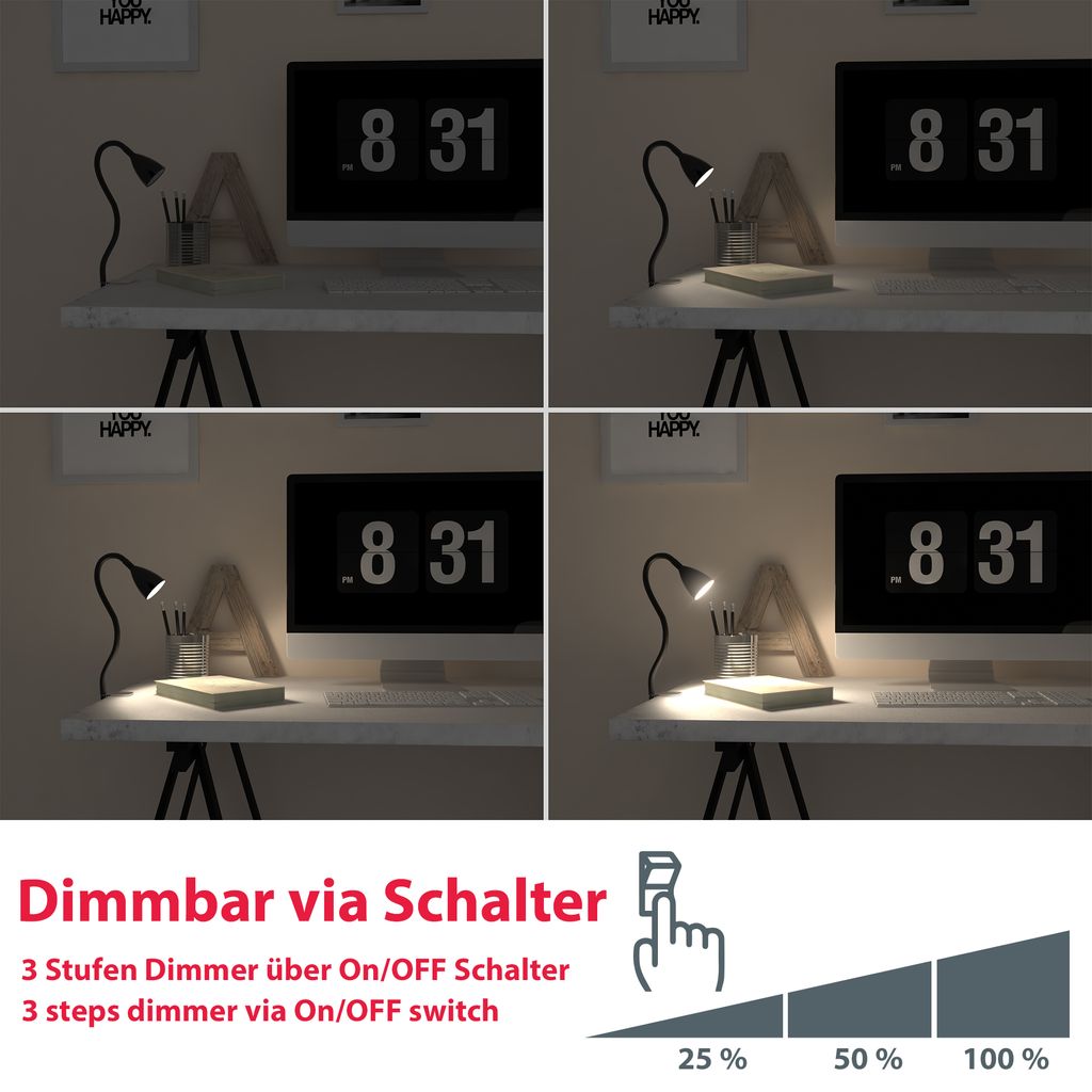 LED Klemm-Leuchte dimmbar  flexibel Tischleuchte- Schwarz 5W B.K.Sternenlicht 400lm Dimmer  BKL1079