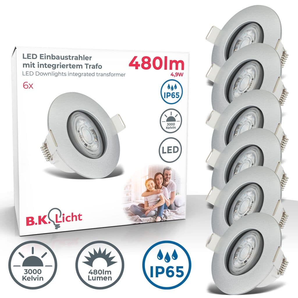 6er Set LED Einbaustrahler 230V, Schwenkbare LED Strahler für das Badezimmer IP65, LED Deckenstrahler, LED Spots, Deckenspots, Badezimmerlampe, 9 x 4,2 cm (DxH), Chrom-Matt