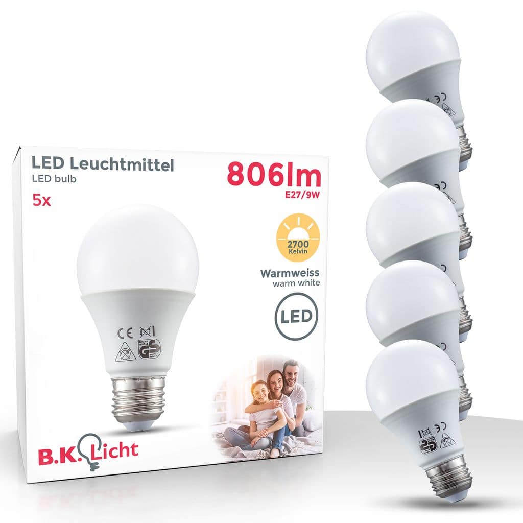 5x LED Leuchtmittel E27Warmweiss 9W Energiespar-n  Glueh-Birne 230V SET 806lm Titelbild-Verpackung 50-LMF-009-05