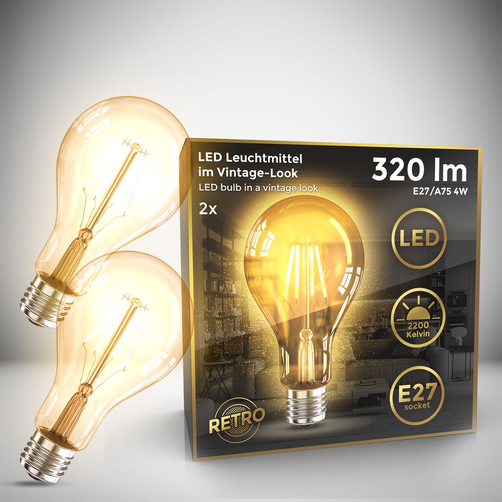 2x LED Leuchtmittel Filament Vintage Industrie  E27 Retro Gluehbirne ST64 4W 360lm Titelbild-Verpackung BKL1404