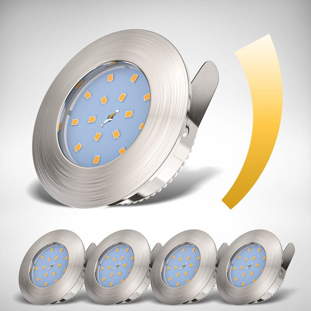 Einbauspot 5er Set 60mm Lochmaß - 230V, 5,5W, 470lm, LED, dimmbar, IP44, warmweiß, matt-nickel