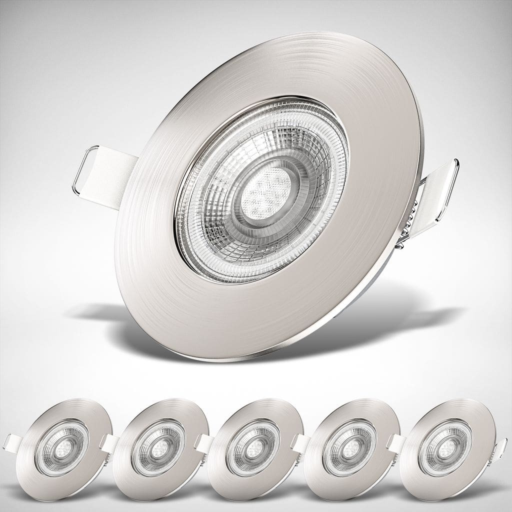 Einbaustrahler 68mm 6er Set - 230V, 4,9W, 480lm, LED, IP44, warmweiß, matt-nickel